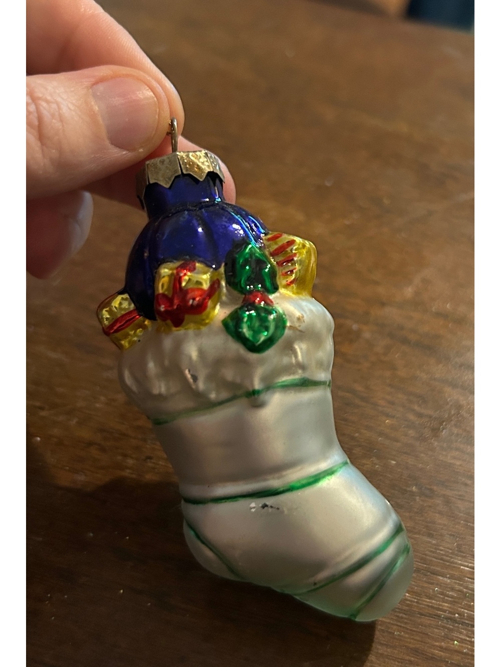 Vintage Glass Christmas Stocking Ornament with Blue Top and Gift Decorations
